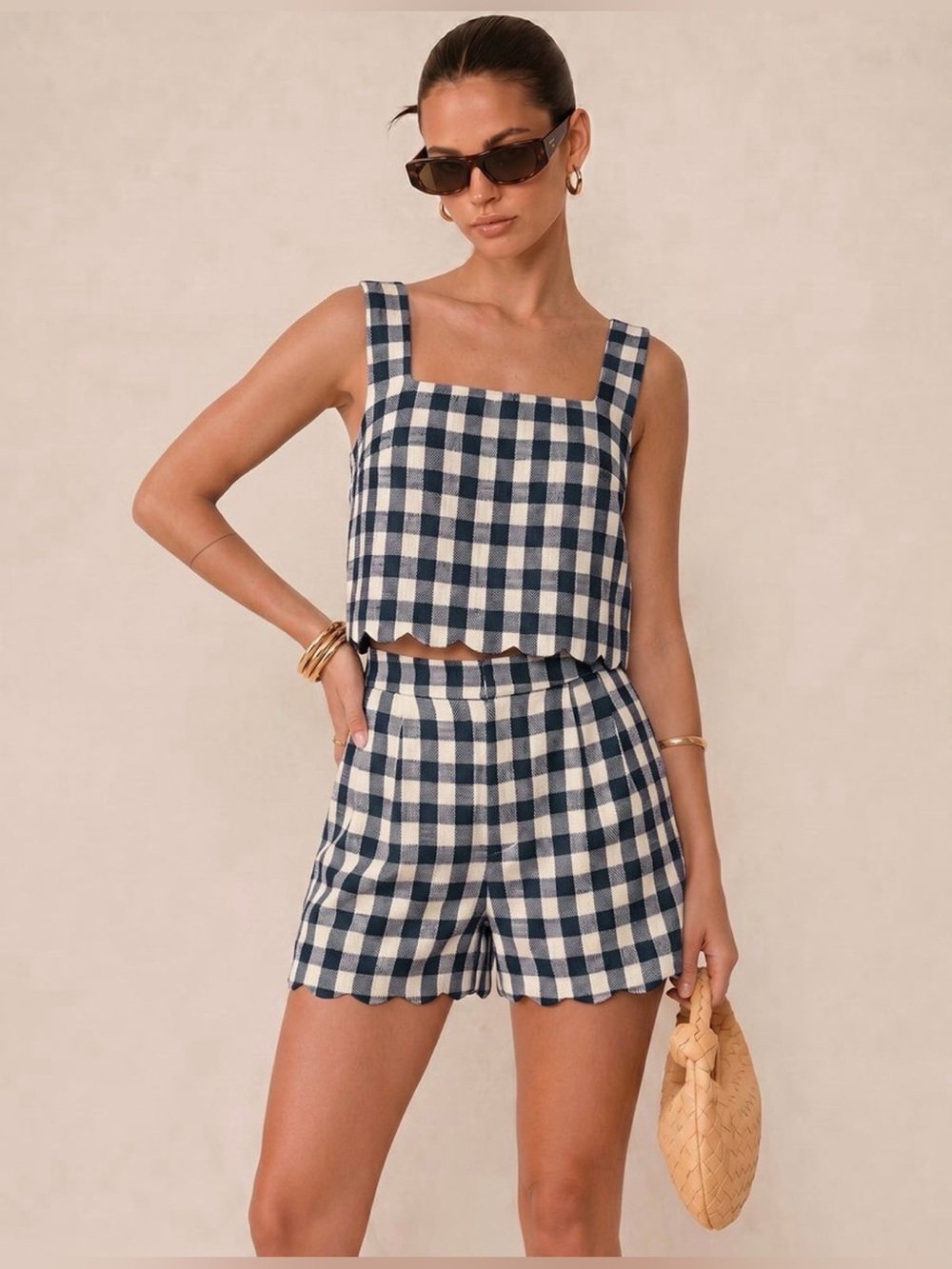 Commense Navy & White Gingham Scallop Hem Crop Top & Shorts